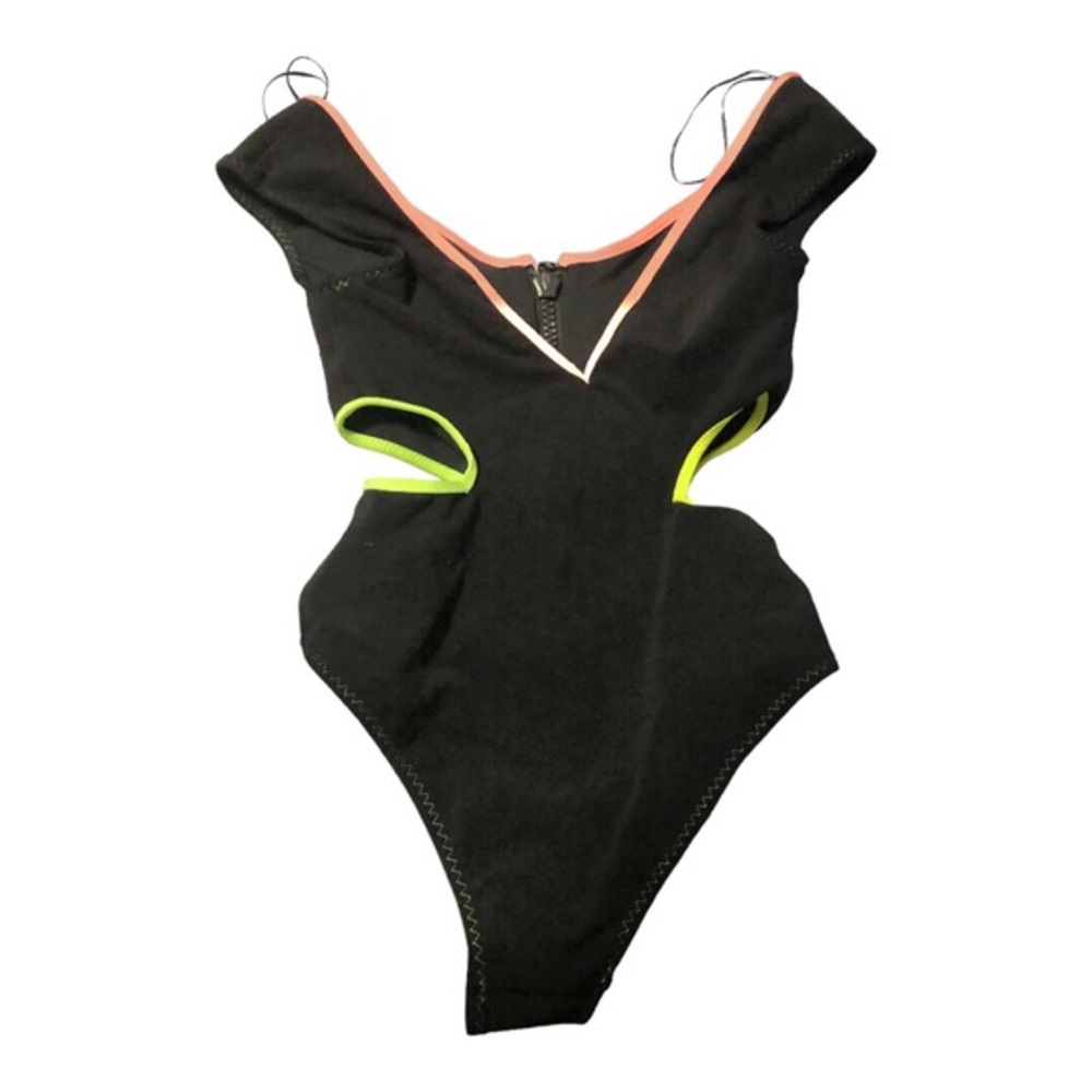 Zara black neon trim cut out front zip v-back one piece swimsuit size small new - Picture 6 of 8